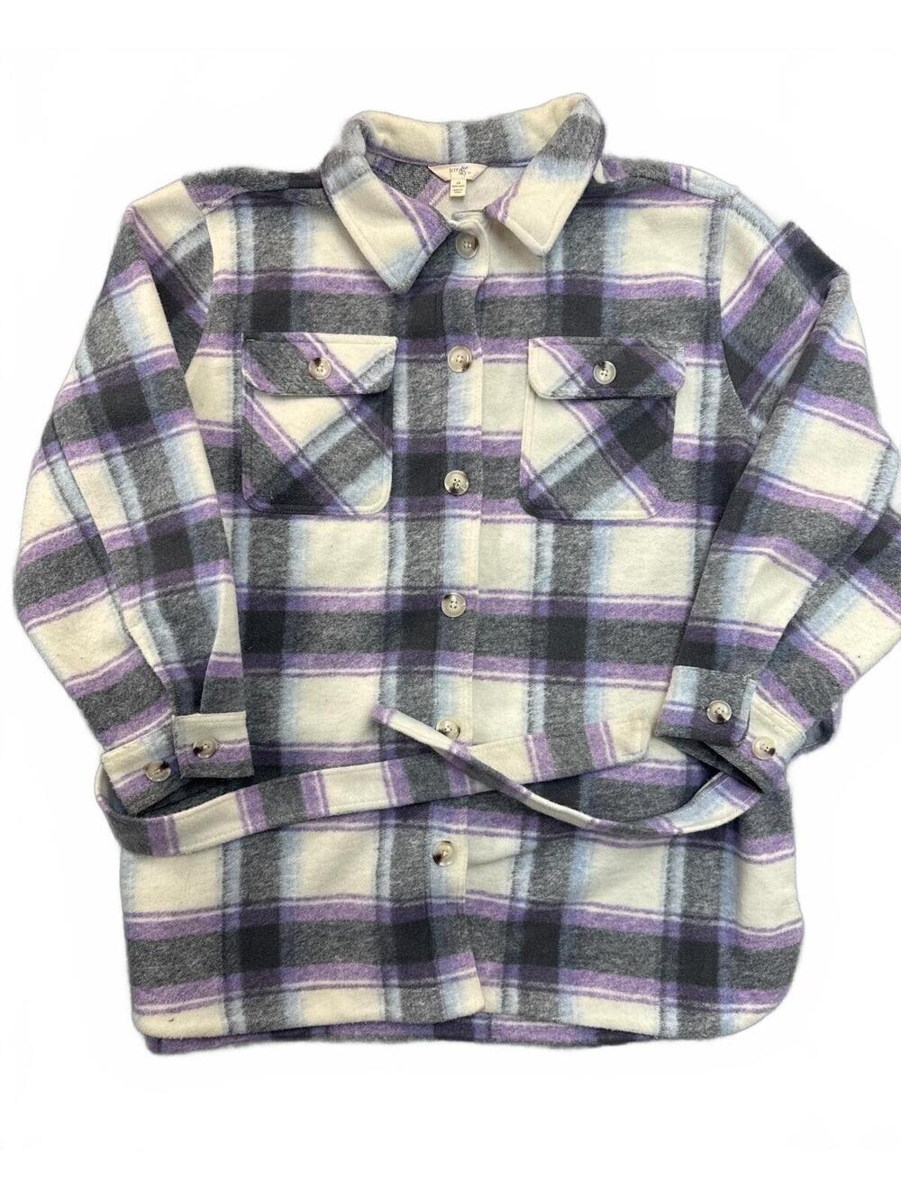 Terra & Sky Womens Belted Plaid Fleece Shacket Jacket Purple White Gray